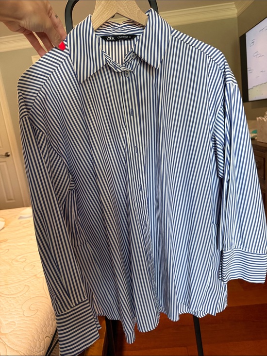 Zara Tops - Zara women's Navy & White Vertical Stripe Dress Shirt